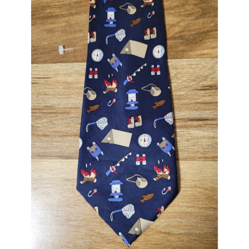 Save The Children Tie Mens Navy Silk Camping Out Fishing Novelty Excellent